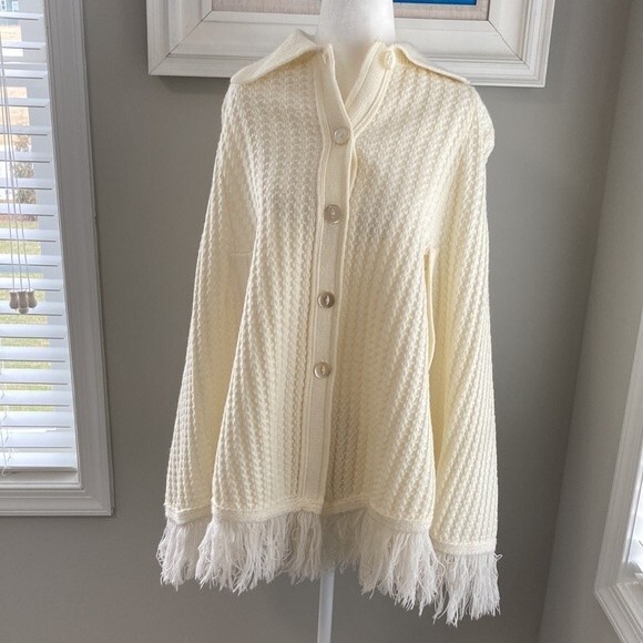 Vintage Julie Knitwear Cream Knit Poncho Fringe Sweater - Picture 3 of 9